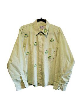 Vintage Green Gingham Embroidered Frog Button-Up Get Lucky U.S.A. Size Lg 1980's
